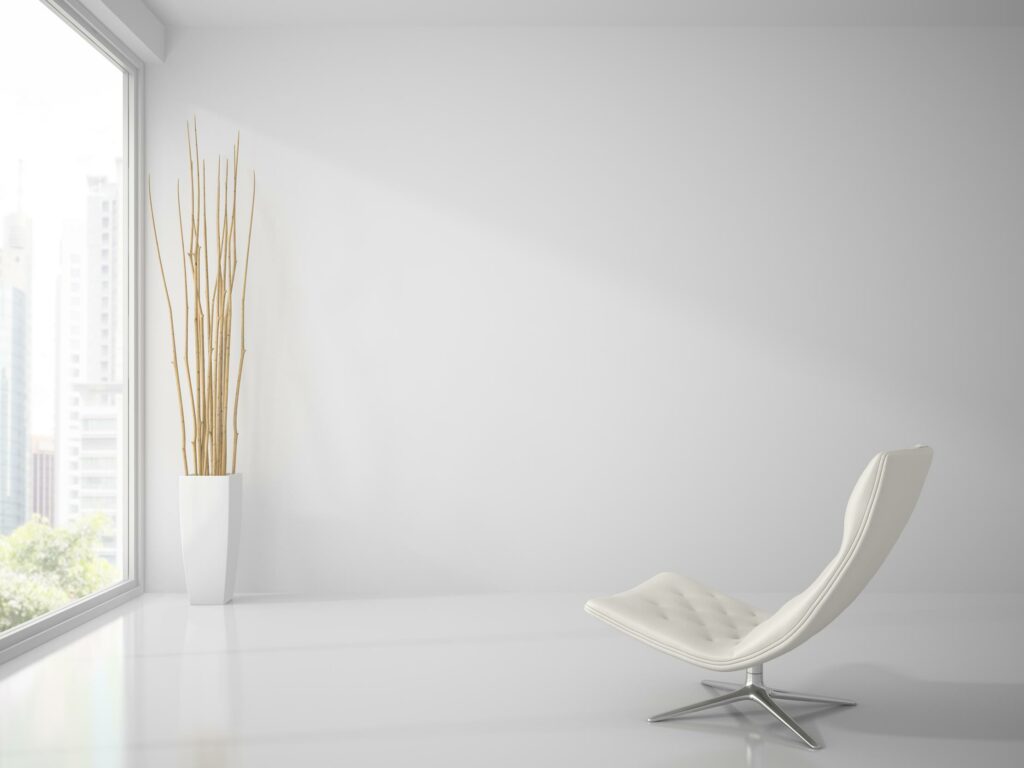 Habitación minimalista de color blanco en Burriana.